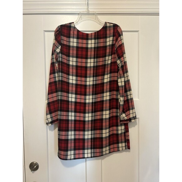 Everly Plaid Red Lace Up Long Sleeve Split Neck T-Shirt Dress Tunic Women Medium - Picture 4 of 4